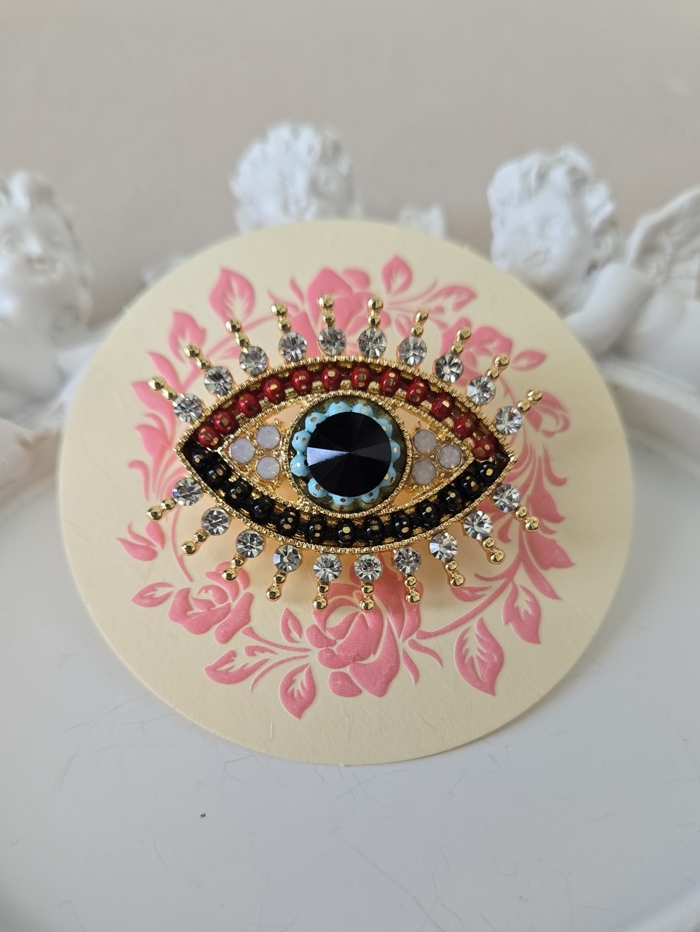 Petite Gold-Tone Evil Eye Brooch W/ Blue Center and Black & Red Accents, NWT